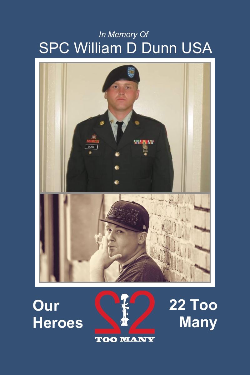 <i class="material-icons" data-template="memories-icon">chat_bubble</i><br/>William Douglas Dunn<br/><div class='remember-wall-long-description'>In Memory of SPC William Douglas
Dunn, US Army June 4, 1988 – June 4, 2023
OIF and OEF

#22TooMany#OurHeroesare#NeverForgotten</div><a class='btn btn-primary btn-sm mt-2 remember-wall-toggle-long-description' onclick='initRememberWallToggleLongDescriptionBtn(this)'>Learn more</a>