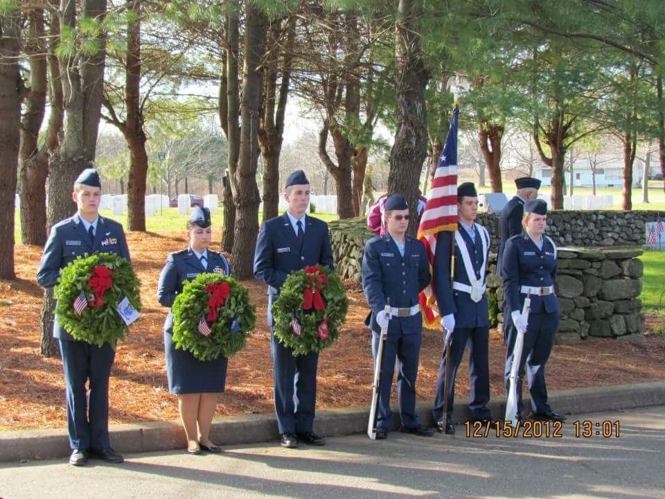 Royal Charter Composite Squadron, Civil Air Patrol, US Air Force Auxiliary Cadet Color Guard and Cadet Wreath Bearers at Connecticut State Veterans Cemetery Middletown's Wreaths Across America Event.
