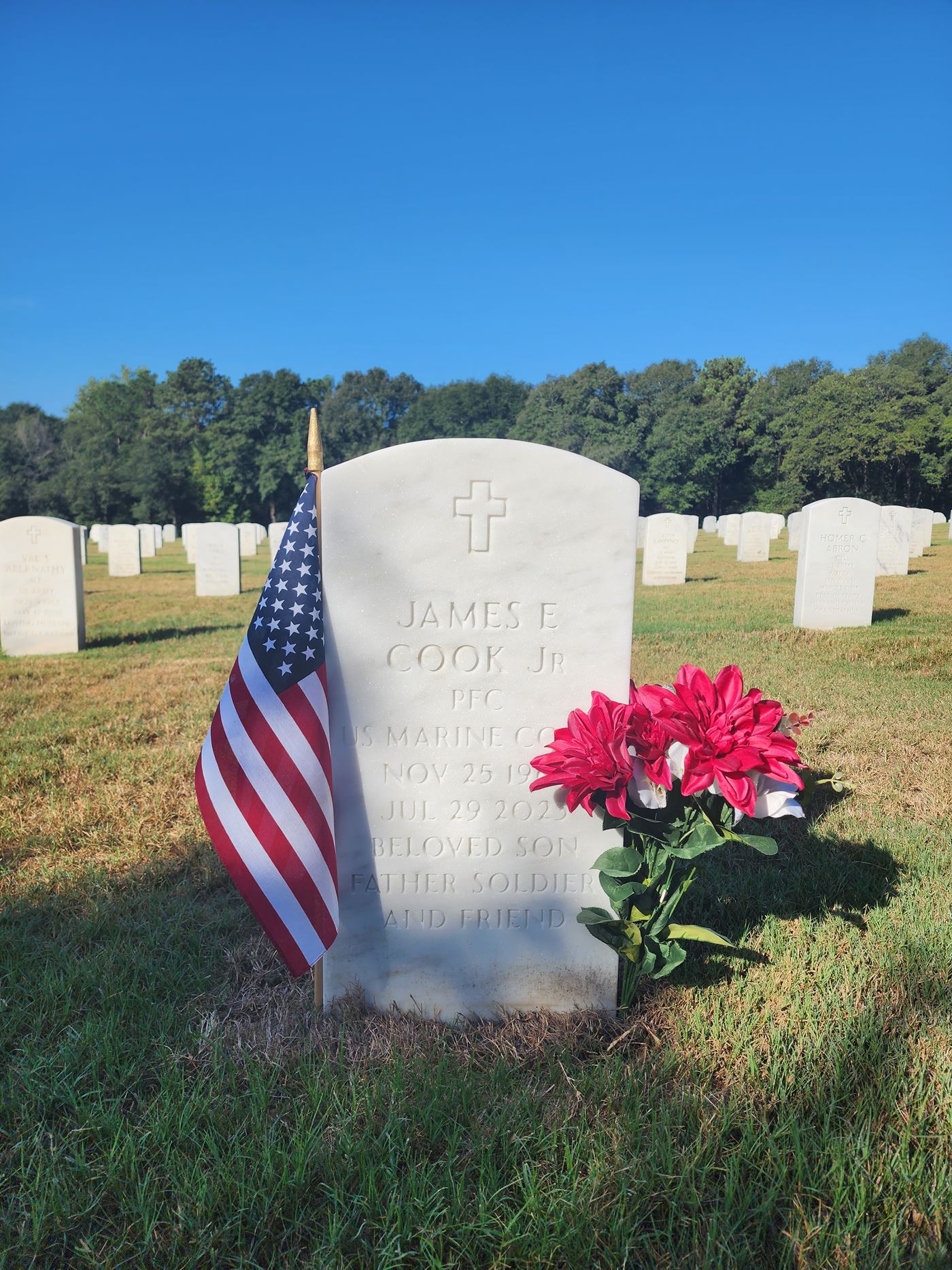 <i class="material-icons" data-template="memories-icon">stars</i><br/>James E Cook Jr., Marine Corps<br/><div class='remember-wall-long-description'>James E. Cook Jr. A Great and Honorable Servant. Served GOD, Family, Country and Veterans. Forever in our Hearts! USMC</div><a class='btn btn-primary btn-sm mt-2 remember-wall-toggle-long-description' onclick='initRememberWallToggleLongDescriptionBtn(this)'>Learn more</a>