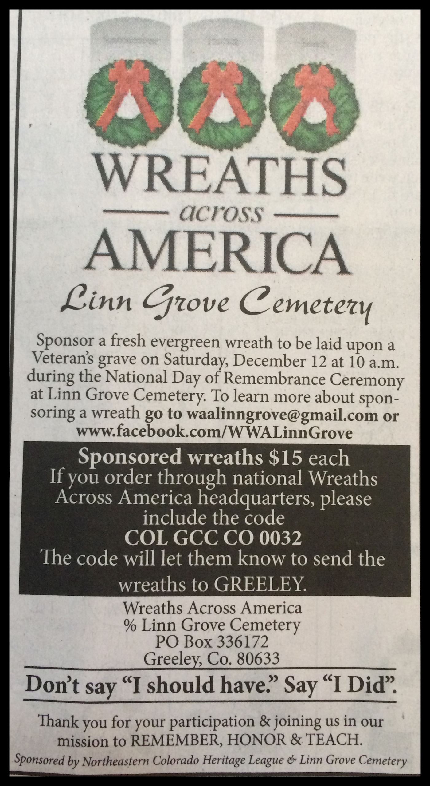 The Tribune of Greeley Colorado supporting Wreaths Across America at Linn Grove Cemetery since 2014