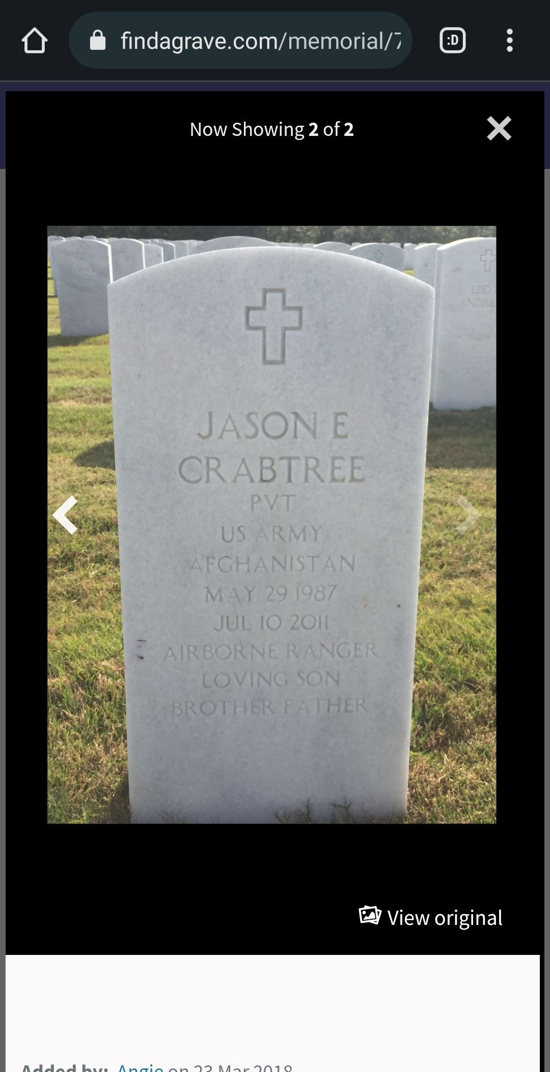 <i class="material-icons" data-template="memories-icon">cloud</i><br/>Jason Crabtree , Army, Prvt<br/>Served from 2005 to 2007<br/>Born 5/29/1987<br/>Passed on 7/10/2011<br/><div class='remember-wall-long-description'>Not a days goes by that I don't miss  you. You lived a full life in your short time here, I'd give the world for 1 more sibling fight and to hear your horrible laughter again. Love you JJ.</div><a class='btn btn-primary btn-sm mt-2 remember-wall-toggle-long-description' onclick='initRememberWallToggleLongDescriptionBtn(this)'>Learn more</a>