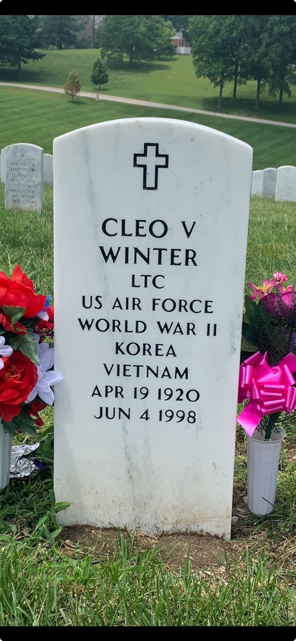 <i class="material-icons" data-template="memories-icon">message</i><br/>Cleo Winter, Air Force, LTC<br/>Born 4/19/1920<br/>Passed on 6/4/1998<br/>Posted by: Jan Winter<br/><div class='remember-wall-long-description'>
  Thank you Dad for all that you did for America.</div><a class='btn btn-primary btn-sm mt-2 remember-wall-toggle-long-description' onclick='initRememberWallToggleLongDescriptionBtn(this)'>Learn more</a>