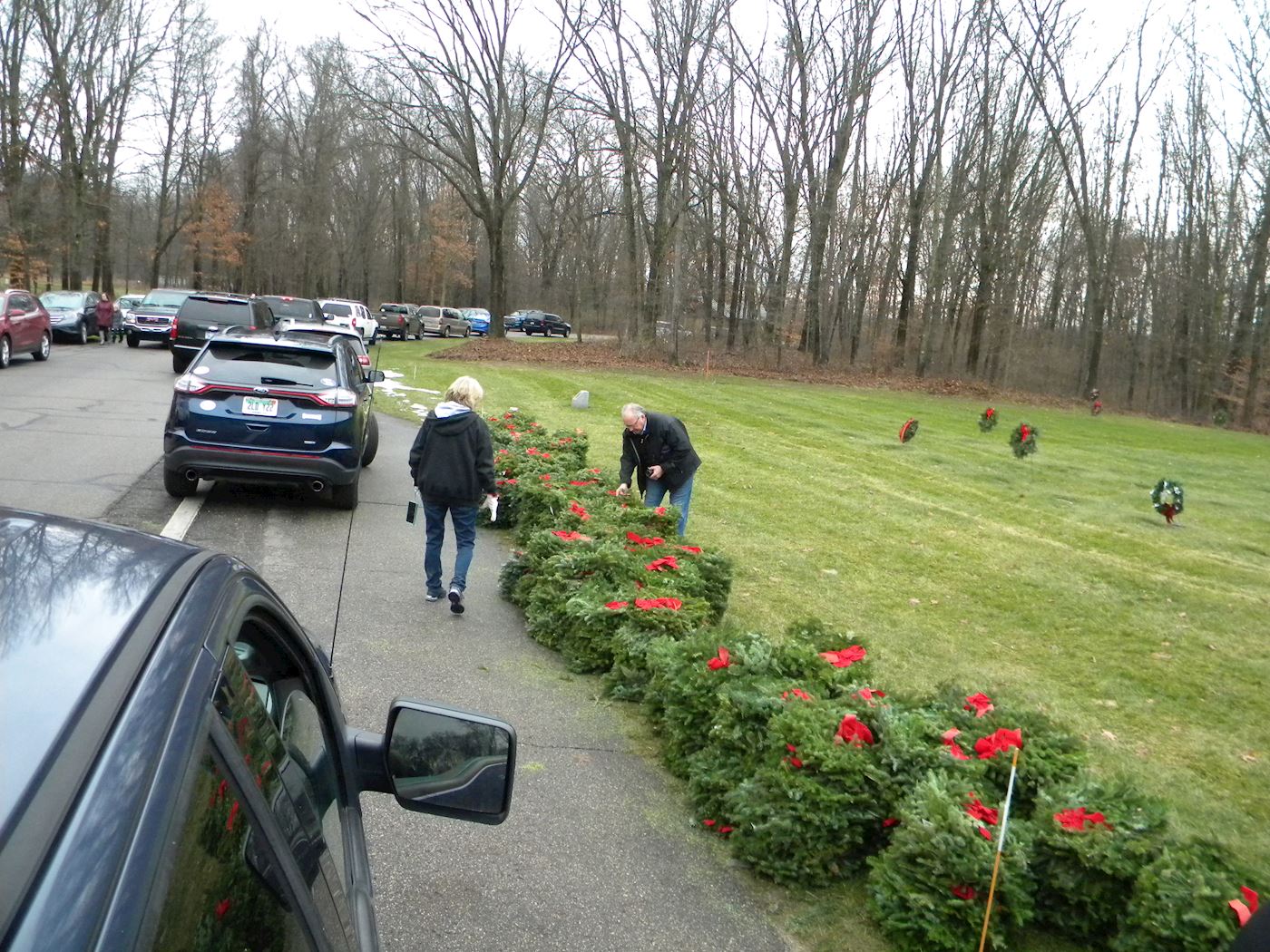 Wreaths staged by volunteers, to be placed following the ceremony at noon.