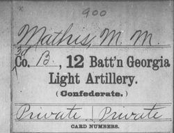 <i class="material-icons" data-template="memories-icon">chat_bubble</i><br/>Malchus M. Mathis<br/><div class='remember-wall-long-description'>Malchus M. Mathis Private Co. B, 12th Battalion GA Light Artillery Confederate States of America January 14th, 1832 - January 10th, 1901Mathis enlisted as a Private in Sandersville on May 21st, 1862</div><a class='btn btn-primary btn-sm mt-2 remember-wall-toggle-long-description' onclick='initRememberWallToggleLongDescriptionBtn(this)'>Learn more</a>