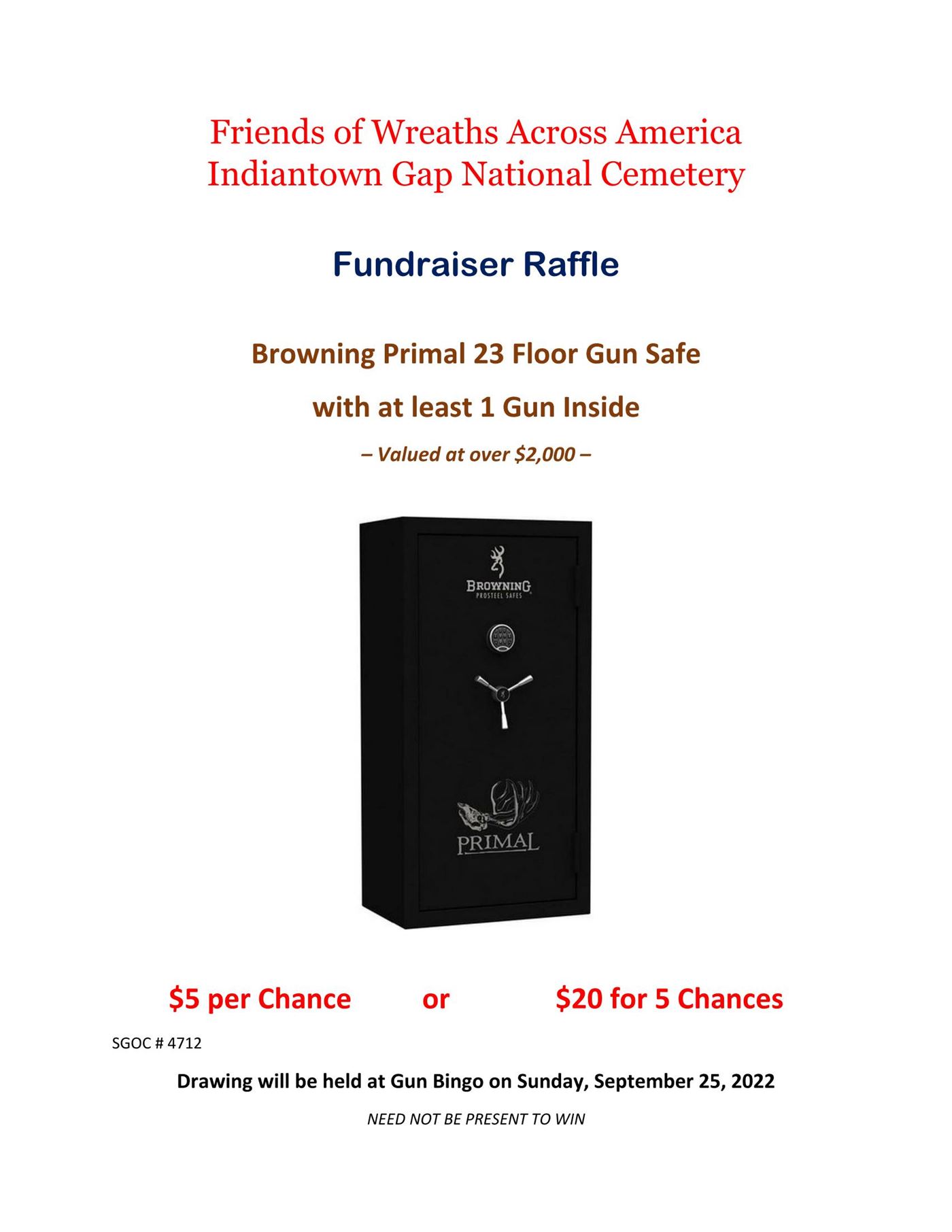 Take a chance on this full size Browing Primal 23 Floor safe with a surprise gun inside!    $5 per chance or $20 for 5 chances.  
To get your chances email info@waa-ignc.org