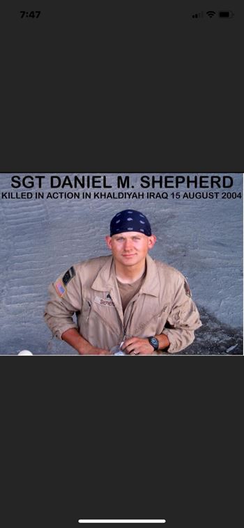 <i class="material-icons" data-template="memories-icon">account_balance</i><br/>SGT. Daniel Shepherd, Army<br/><div class='remember-wall-long-description'>
  In Memory of our son SGT. Daniel M Shepherd. 7/10/1981- 8/15/2004</div><a class='btn btn-primary btn-sm mt-2 remember-wall-toggle-long-description' onclick='initRememberWallToggleLongDescriptionBtn(this)'>Learn more</a>