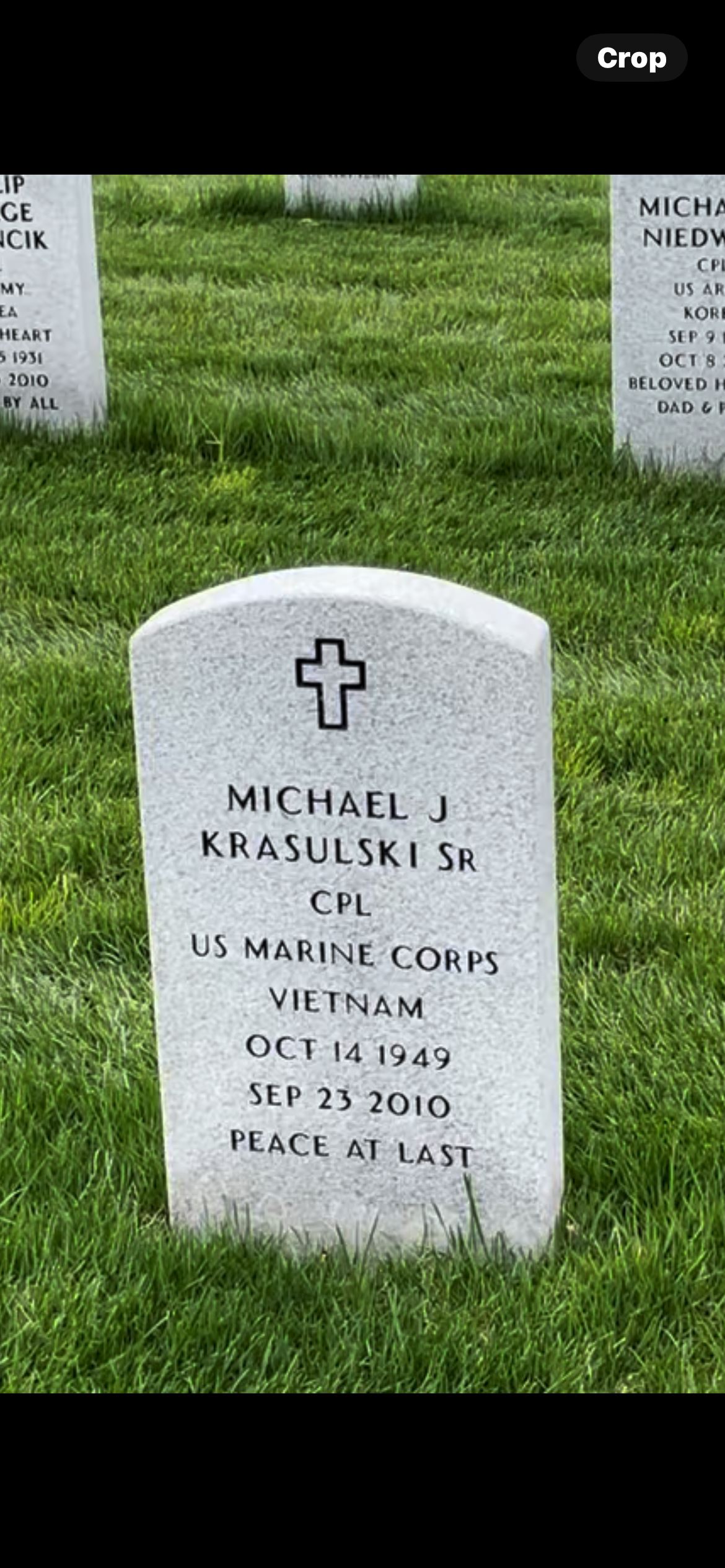 <i class="material-icons" data-template="memories-icon">account_balance</i><br/>Michael  Krasulski, Marine Corps<br/><div class='remember-wall-long-description'>Michael John Krasulski</div><a class='btn btn-primary btn-sm mt-2 remember-wall-toggle-long-description' onclick='initRememberWallToggleLongDescriptionBtn(this)'>Learn more</a>