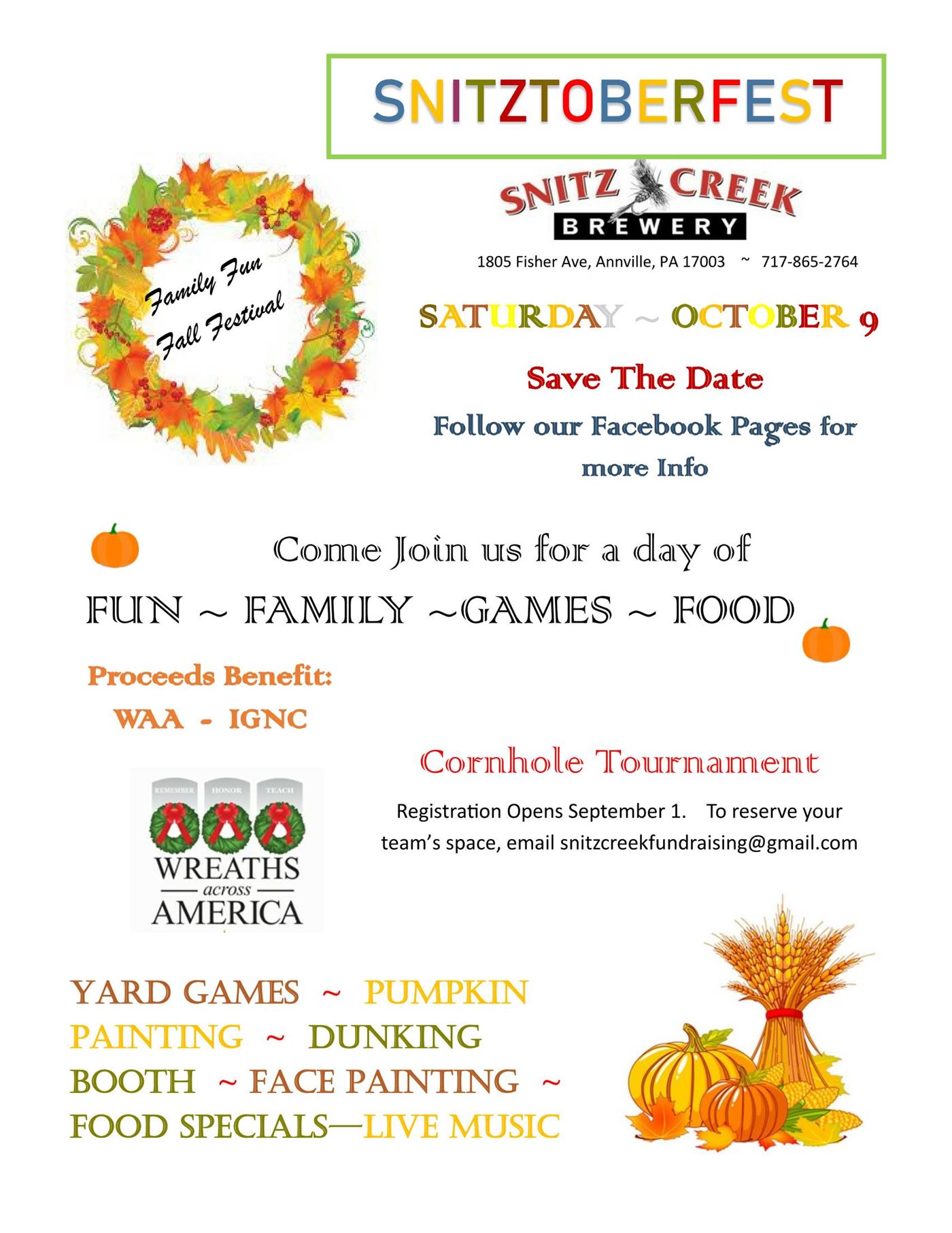 Join us at Snitz Creek Brewery  - something for all ages.
Games, face painting, dunking booth, pumpkin painting, cornhole tournament, great food specials, and other outdoor games.
