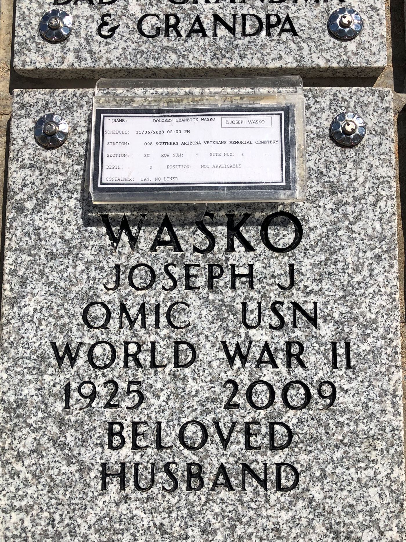 <i class="material-icons" data-template="memories-icon">account_balance</i><br/>Joseph J Wasko, Navy, CM1C<br/>Served from 1942 to 1945<br/>Born 10/18/1925<br/>Passed on 9/4/2009<br/><div class='remember-wall-long-description'>Dear Mom & Dad, wishing you a Merry Christmas in heaven, together this year. We love and miss you.</div><a class='btn btn-primary btn-sm mt-2 remember-wall-toggle-long-description' onclick='initRememberWallToggleLongDescriptionBtn(this)'>Learn more</a>