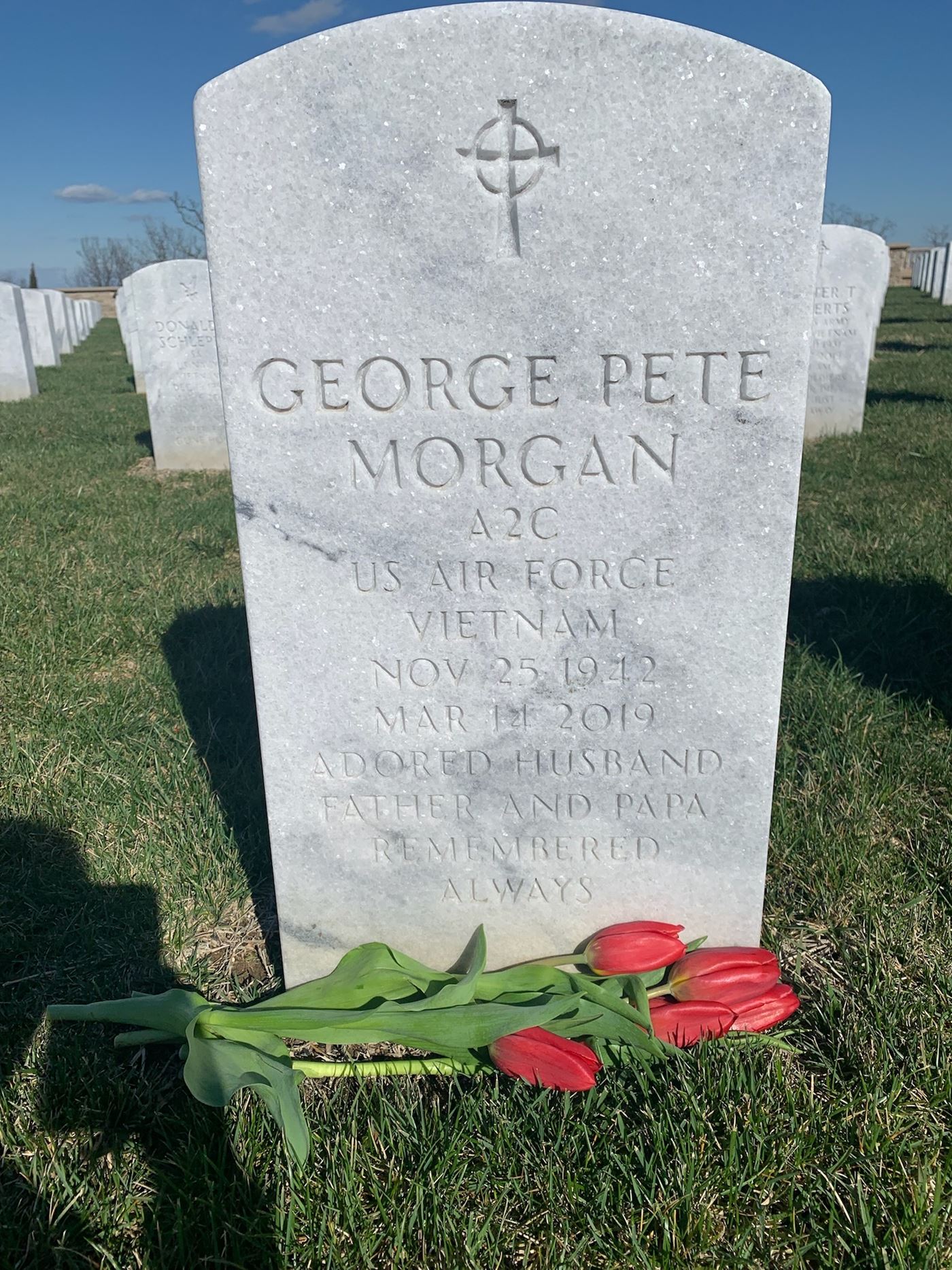 <i class="material-icons" data-template="memories-icon">account_balance</i><br/>George Peter  Morgan, Air Force<br/><div class='remember-wall-long-description'>
  Merry Christmas, Papa Pete. I miss you so much, but I love you even more. You’re so loved and missed by so many people. I wish for nothing else than to have had one more Christmas with you, or to have danced with you at my upcoming wedding. Enjoy your beautiful wreaths. All my love forever and always, your granddaughter Emily.</div><a class='btn btn-primary btn-sm mt-2 remember-wall-toggle-long-description' onclick='initRememberWallToggleLongDescriptionBtn(this)'>Learn more</a>