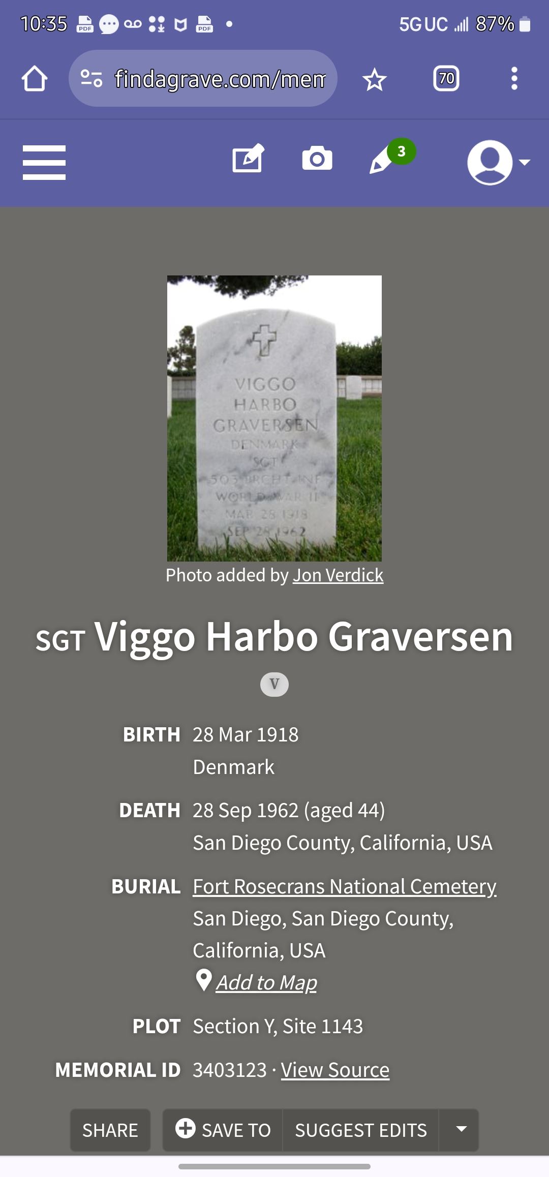 <i class="material-icons" data-template="memories-icon">chat_bubble</i><br/>Viggo Harbo Graversen, Army, Sargent <br/>Born 3/28/1918<br/>Passed on 9/28/1962<br/>Posted by: Barbara L Channell<br/><div class='remember-wall-long-description'>Viggo came to America from Denmark and served in the Army in WWII. His son Victor served in the Navy - Vietnam. Victor is in the wall at Miramar National Cemetery.</div><a class='btn btn-primary btn-sm mt-2 remember-wall-toggle-long-description' onclick='initRememberWallToggleLongDescriptionBtn(this)'>Learn more</a>