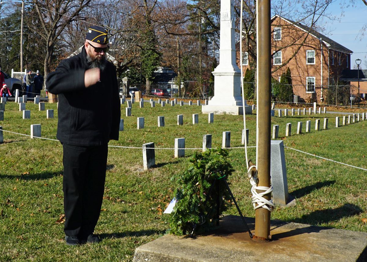 Placement of 1st Memorial Wreath (Army) by Army Veterans and American Legion Past Commander, Cormac Quinn.