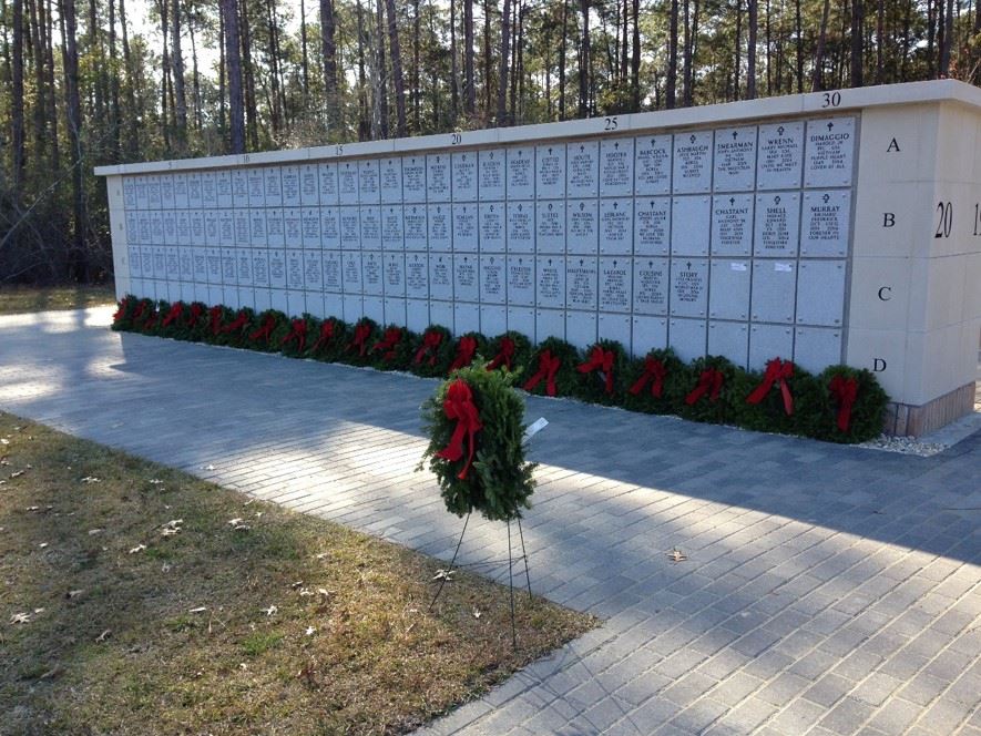 Wreaths place at the Columbarium to honor and remember each of those buried here