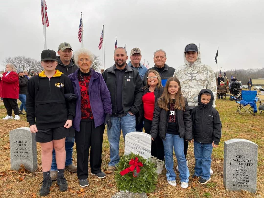 Four Generations of Leroy Russell Frazier's family gather to place his Wreaths Across America wreath on his grave the the Mtn. View Veterans Memorial Cemetery.