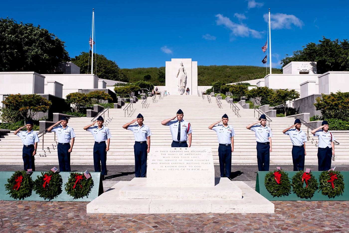 Maryknoll Cadet Squadron Civil Air Patrol cadets honored veterans laid to rest at the National Memorial Cemetery of the Pacific during the 2018 Wreaths Across America ceremony.