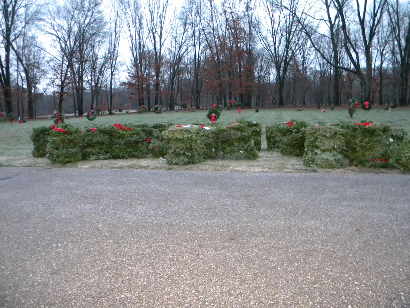 Wreaths staged by volunteers, to be placed following the ceremony at noon.