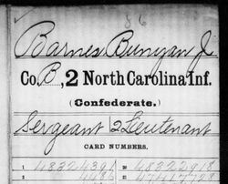 <i class="material-icons" data-template="memories-icon">chat_bubble</i><br/>Bunyan J. Barnes<br/><div class='remember-wall-long-description'>Bunyan J. Barnes Sergeant/2nd Lieutenant Co. B, 2nd Regiment, North Carolina Infantry Confederate States of America September 1836 - November 27th, 1886</div><a class='btn btn-primary btn-sm mt-2 remember-wall-toggle-long-description' onclick='initRememberWallToggleLongDescriptionBtn(this)'>Learn more</a>