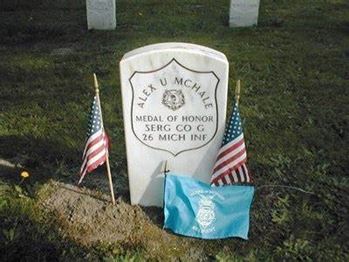 <i class="material-icons" data-template="memories-icon">account_balance</i><br/>Alexander  McHale, Army<br/><div class='remember-wall-long-description'>Medal of Honor recipient SGT Alexander McHale captured a Confederate color in a charge, threw the flag over in front of the works, and continued in the charge upon the enemy.</div><a class='btn btn-primary btn-sm mt-2 remember-wall-toggle-long-description' onclick='initRememberWallToggleLongDescriptionBtn(this)'>Learn more</a>