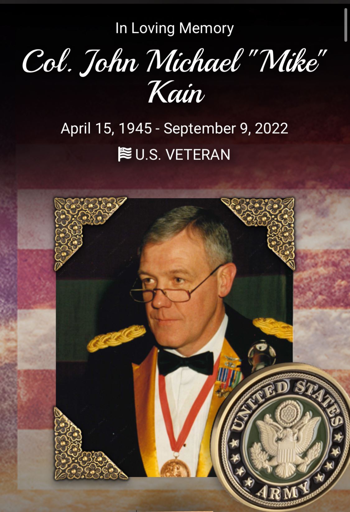 <i class="material-icons" data-template="memories-icon">chat_bubble</i><br/>John (Michael) Kain<br/><div class='remember-wall-long-description'>A soldier’s soldier!</div><a class='btn btn-primary btn-sm mt-2 remember-wall-toggle-long-description' onclick='initRememberWallToggleLongDescriptionBtn(this)'>Learn more</a>