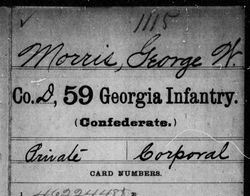 <i class="material-icons" data-template="memories-icon">chat_bubble</i><br/>George Washington Morris<br/><div class='remember-wall-long-description'>George Washington Morris Private/Corporal Co. D, 59th GA Infantry Confederate States of America March 29th, 1845 - January 22nd, 1924Morris enlisted as a Private in Captain Horatio N. Hollifield's Battery Light Artillery, Georgia State Troops, on February 22nd 1862. He mustered out at Savannah, Georgia in May of 1862 and then enlisted as a Private in Company D, 59th, GA Infantry</div><a class='btn btn-primary btn-sm mt-2 remember-wall-toggle-long-description' onclick='initRememberWallToggleLongDescriptionBtn(this)'>Learn more</a>