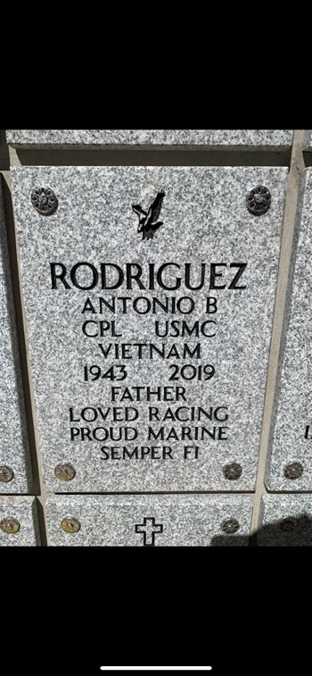 <i class="material-icons" data-template="memories-icon">message</i><br/>Antonio B Rodriguez, Marine Corps<br/><div class='remember-wall-long-description'>Dad we love you and we miss you. Merry Christmas. Semper Fi</div><a class='btn btn-primary btn-sm mt-2 remember-wall-toggle-long-description' onclick='initRememberWallToggleLongDescriptionBtn(this)'>Learn more</a>