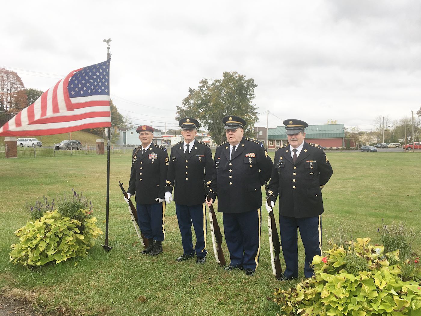 In 2017 the members of VFW Post #3110 honor guard were honored for their tireless service at the hundreds of veteran burials here at High Lawn.  Members Left to Right are Sgt. Terry A. Groves, Sgt. Russell Compton, Airman William J. Brizendine, and Pvt.Charles “Chuck” Delano.  