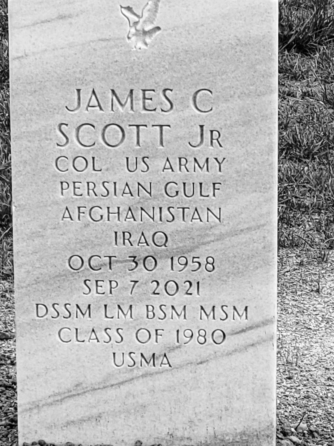 <i class="material-icons" data-template="memories-icon">favorite_border</i><br/>James Scott Jr, Army, Colonel<br/>Served from 1980 to 2014<br/>Born 10/30/1958<br/>Passed on 9/7/2021<br/>Posted by: Claudia Scott<br/><div class='remember-wall-long-description'>
 And when our work is done,
Our course on earth is run,
May it be said, "Well done"
Be thou at peace."
E'er may that line of gray
Increase from day to day
Live, serve, and die, we pray,
  West Point, for thee.

P.S. Reinecke, 1911</div><a class='btn btn-primary btn-sm mt-2 remember-wall-toggle-long-description' onclick='initRememberWallToggleLongDescriptionBtn(this)'>Learn more</a>