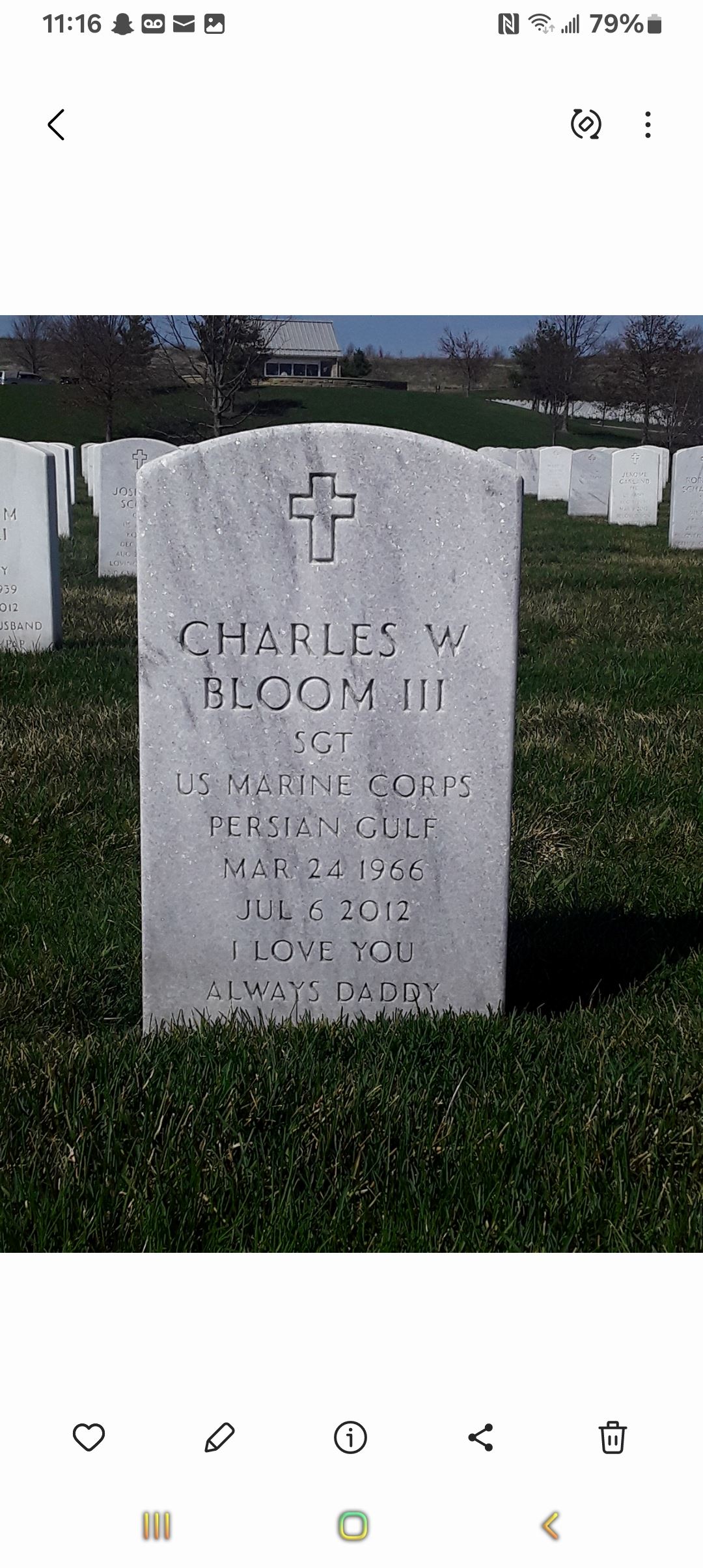 <i class="material-icons" data-template="memories-icon">chat_bubble</i><br/>Charles W Bloom III<br/><div class='remember-wall-long-description'>Loving, Son, Brother, Father, Uncle! He was a joy in all our lives, and is Missed terribly! We honor his Bravery and his Sacrifices that he made for our great Country. Rest Easy Brother. Love always Crystal, Rob, Chelsea, Kiara, And Carly??</div><a class='btn btn-primary btn-sm mt-2 remember-wall-toggle-long-description' onclick='initRememberWallToggleLongDescriptionBtn(this)'>Learn more</a>