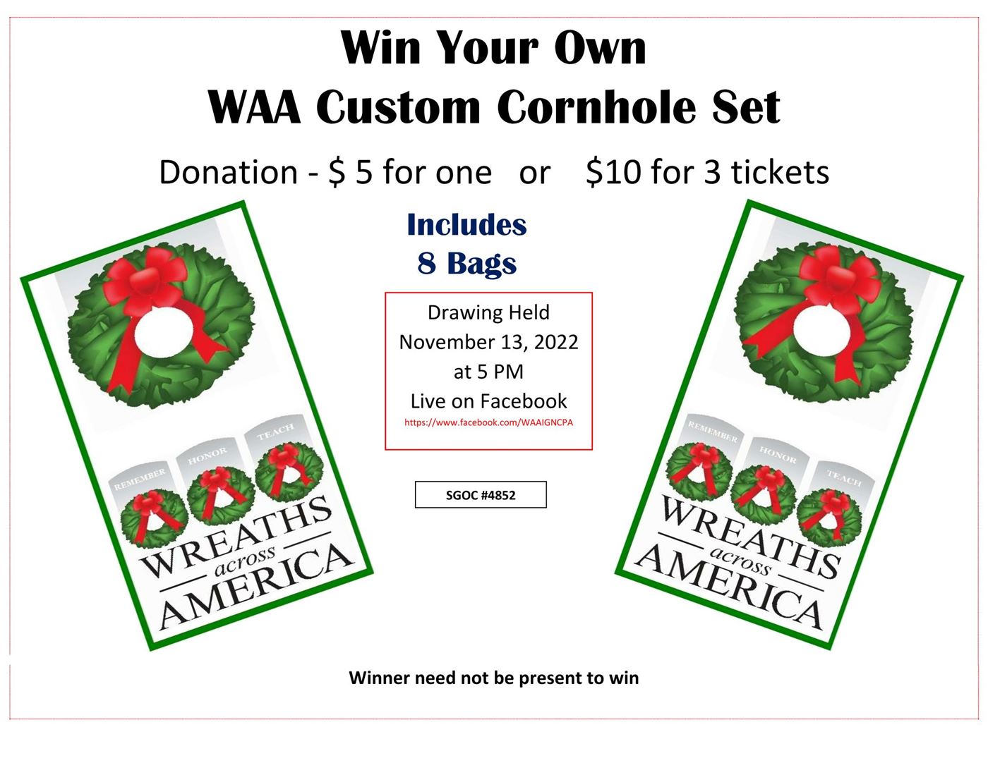 Win a set of custom designed cornhole boards.
To get your chances, email info@waa-ignc.org