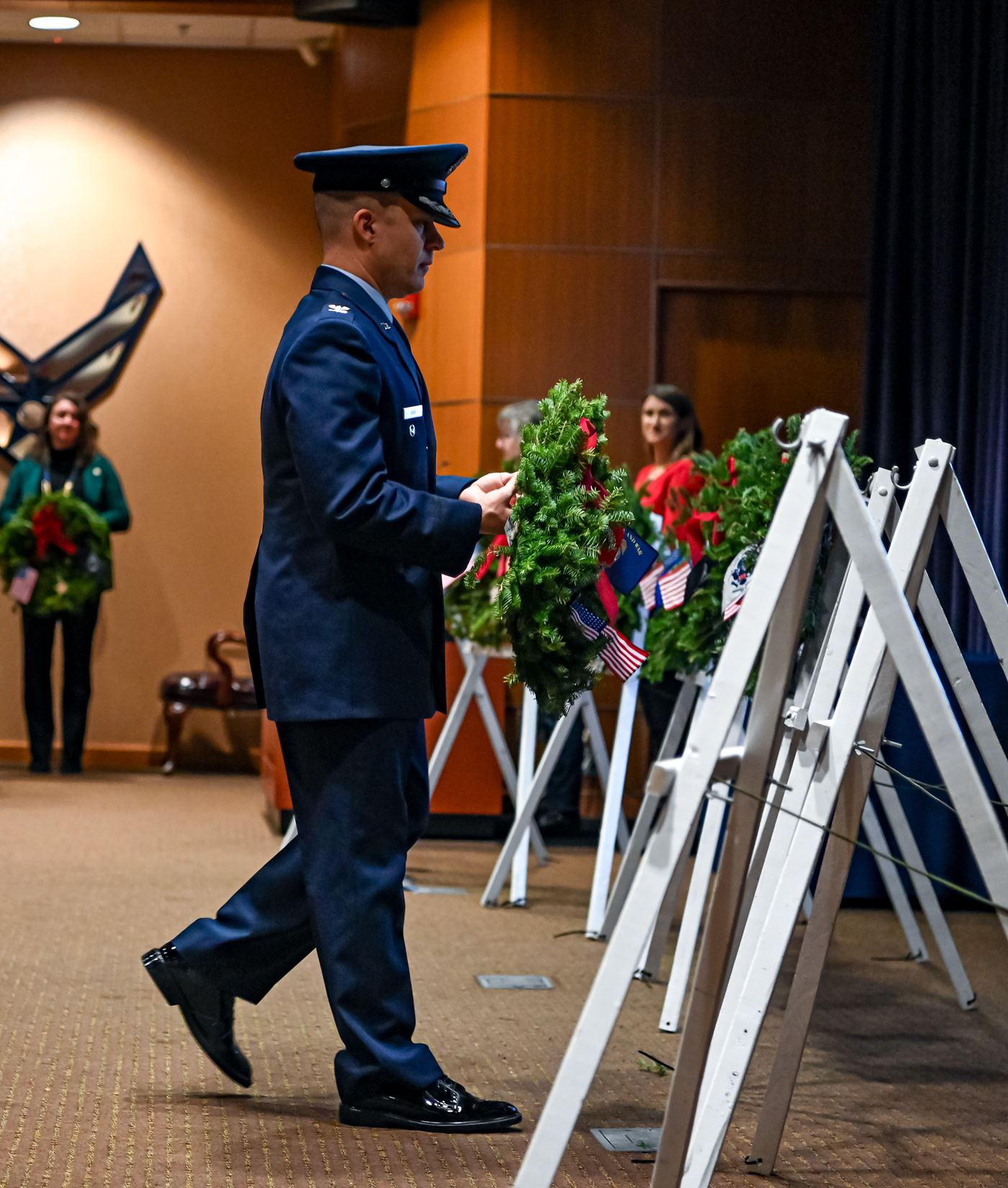 Col Aaron Gray places the veteran's wreath in memory of those who served and are serving in the United States Merchant Marines&nbsp;