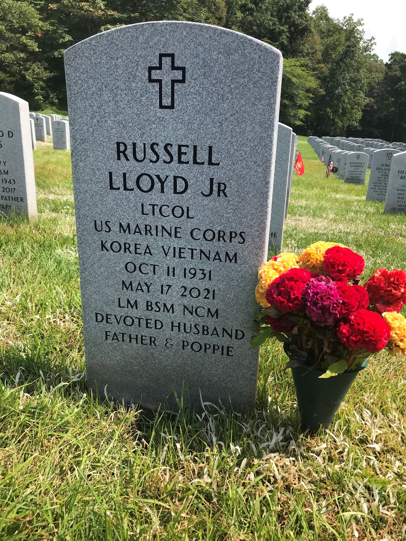 <i class="material-icons" data-template="memories-icon">message</i><br/>Russell Lloyd, Marine Corps, Lt. Col.<br/>Passed on 5/17/2021<br/>Posted by: Sarah P. Lloyd<br/><div class='remember-wall-long-description'>
  Poppy, Dad and Dearie Mom. You are missed. Thank you for your service to this nation together.</div><a class='btn btn-primary btn-sm mt-2 remember-wall-toggle-long-description' onclick='initRememberWallToggleLongDescriptionBtn(this)'>Learn more</a>