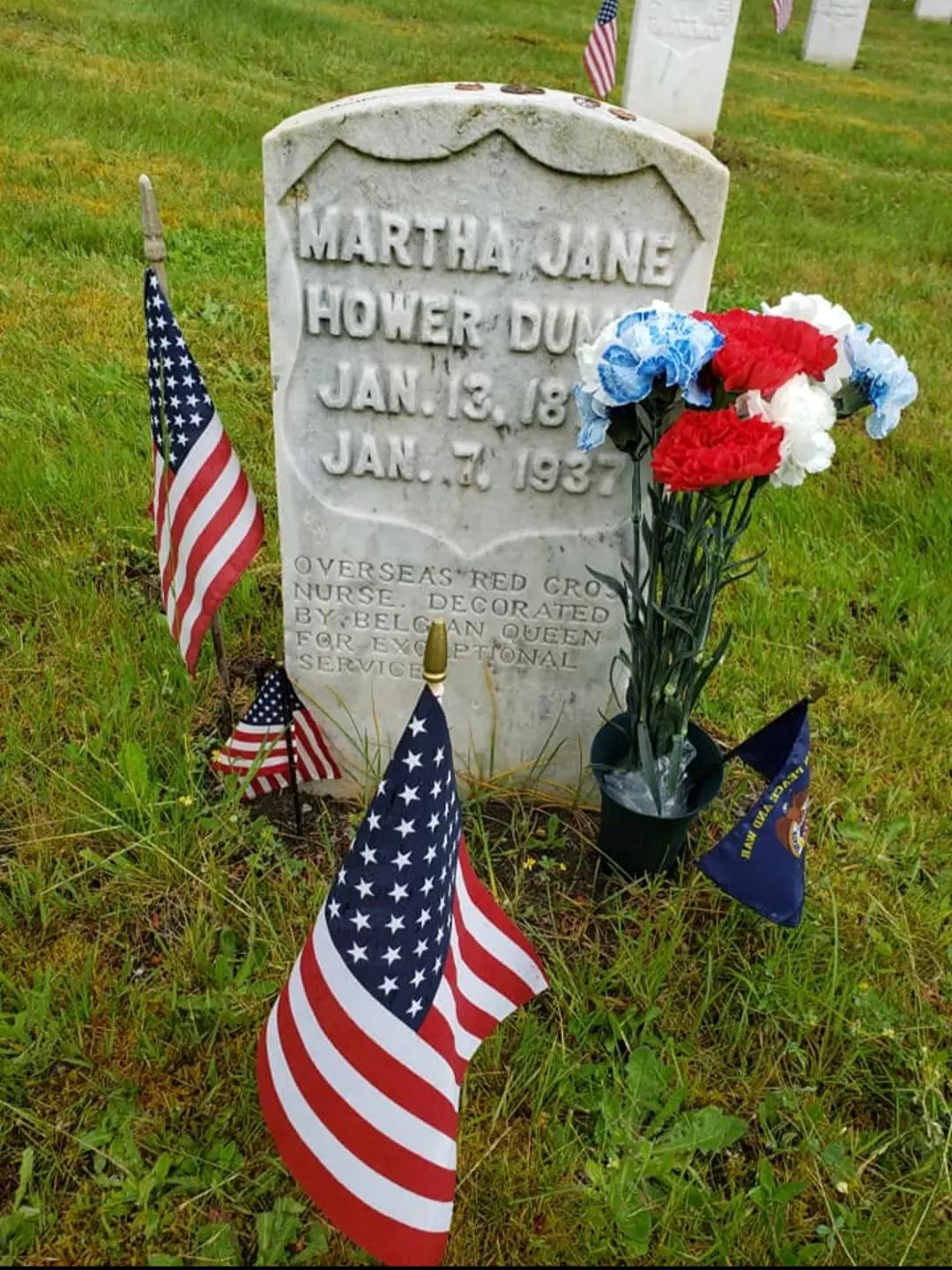 <i class="material-icons" data-template="memories-icon">account_balance</i><br/>Martha Jane Hower Dumm<br/>Posted by: Marc Perez<br/><div class='remember-wall-long-description'>30 Wreaths sponsored in Memoriam of WW I American Red Cross Nurse Martha Jane Hower Dumm, who saved the lives of nearly 700 Belgian children who were refugees in the east of France.  Her three years of selfless service to these children earned her Royal Honors from the Queen.  Her final resting place is here at the WA Soldier's Home Cemetery.</div><a class='btn btn-primary btn-sm mt-2 remember-wall-toggle-long-description' onclick='initRememberWallToggleLongDescriptionBtn(this)'>Learn more</a>