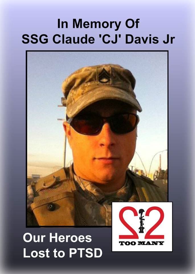 <i class="material-icons" data-template="memories-icon">cloud</i><br/> Claude Cooper “CJ”  Davis, Jr<br/><div class='remember-wall-long-description'>22 Too Many - SSG Claude Cooper “CJ” Davis, Jr
12/18/82 – 09/29/17

Claude Cooper Davis Jr. (CJ) passed away on September 29, 2017 in Springfield, Missouri. CJ was born in Fountain Valley California on December 18, 1982. He attended Willard High School, Ozarks Technical Community College and graduated from the Drury University Police Academy. While serving in the U.S. Army for 10 plus years, he attained the rank of Staff Sergeant working in Psychological OPS. 
#22TooMany #OurHeroes are #NeverForgotten</div><a class='btn btn-primary btn-sm mt-2 remember-wall-toggle-long-description' onclick='initRememberWallToggleLongDescriptionBtn(this)'>Learn more</a>