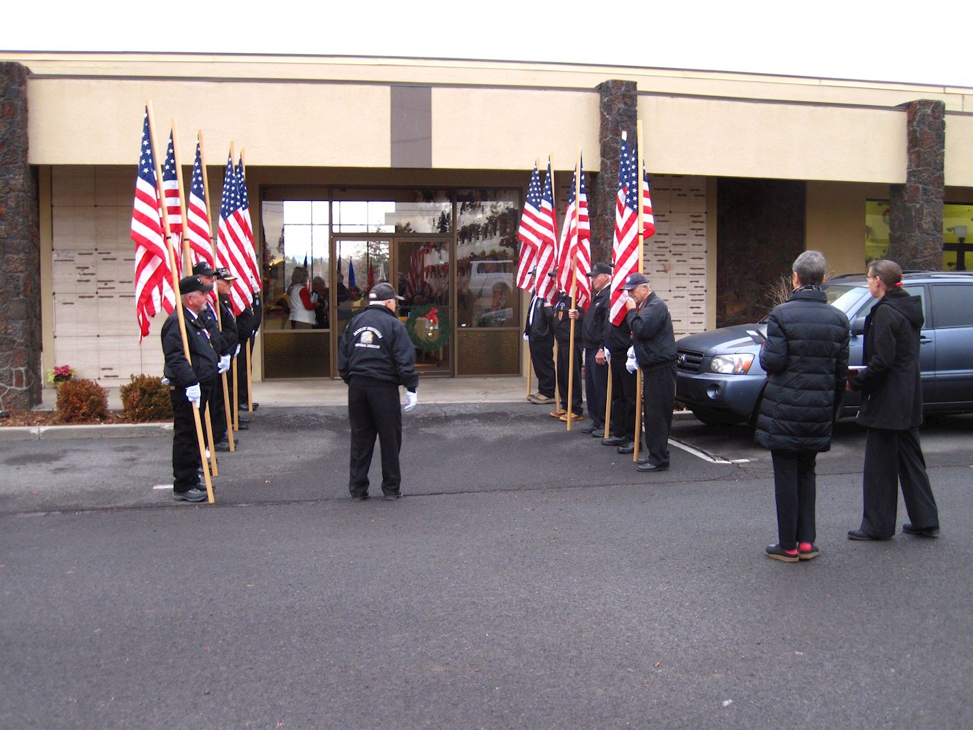 Our Bend Band of Brothers honor guard at entrance to Deschutes Memorial Gardens mausoleum.