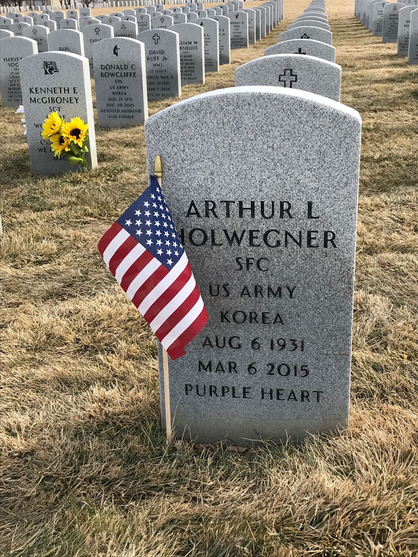 <i class="material-icons" data-template="memories-icon">account_balance</i><br/>Arthur Lee Holwegner, Army, Sgt. First Class  Purple Heart and Bronze Star Recipient<br/>Served from 1951 to 1953<br/>Born 8/6/1931<br/>Passed on 3/6/2015<br/>Posted by: Tara Bertucci<br/><div class='remember-wall-long-description'>Dad, Thank you for all you did for our great Country and for us.
We love and miss you so much. 
I will be placing wreaths at the Veteran's Cemetery in Springfield, MO this year since I can't be in Laurel...</div><a class='btn btn-primary btn-sm mt-2 remember-wall-toggle-long-description' onclick='initRememberWallToggleLongDescriptionBtn(this)'>Learn more</a>