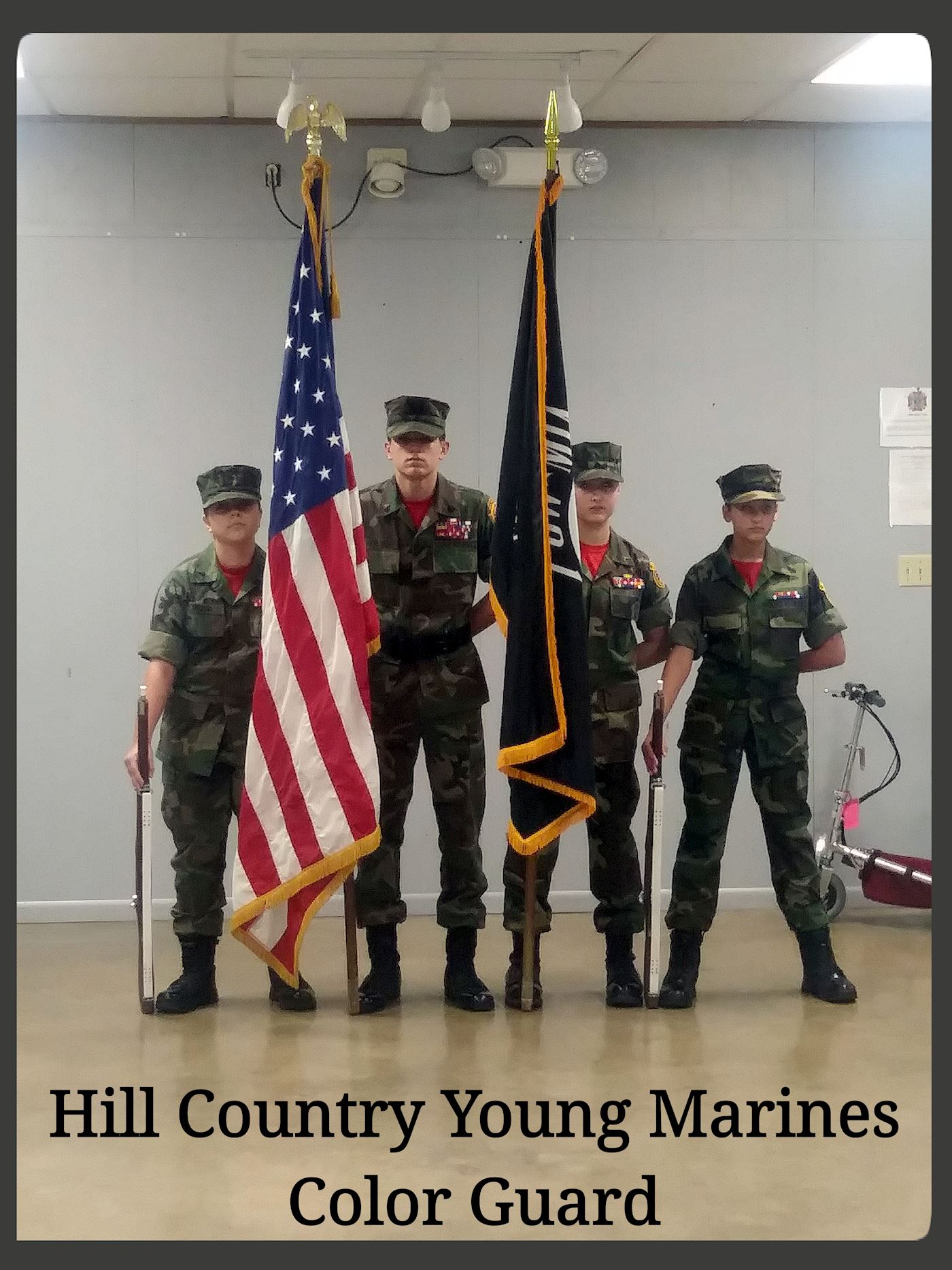 <i class="material-icons" data-template="memories-icon">stars</i><br/>Hill Country Young Marines Sgt. Wehling, Cpl. Johnson  Pfc. Cordova,  Pvt. Velazquez <br/><div class='remember-wall-long-description'>Hill Country Young Marines 
Color Guard; Sgt. Wehling, Cpl. Johnson 
Pfc. Cordova, Pvt. Velazquez</div><a class='btn btn-primary btn-sm mt-2 remember-wall-toggle-long-description' onclick='initRememberWallToggleLongDescriptionBtn(this)'>Learn more</a>