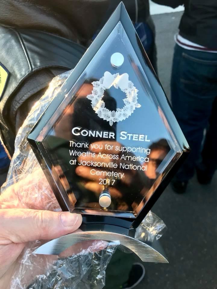 Award Conner Steele received for supporting WAA at JNC by raising sponsorships for 167 wreaths, helping place wreaths, and also riding in the motorcycle escort of the wreath trucks. 