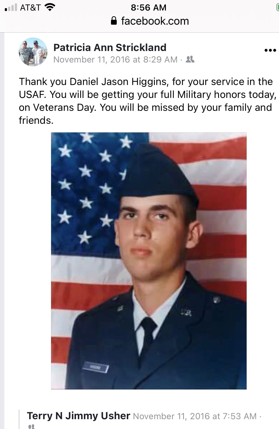 <i class="material-icons" data-template="memories-icon">cloud</i><br/>Daniel Jason Higgins, Air Force<br/><div class='remember-wall-long-description'>
  In loving memory of MSGT Daniel Jason Higgins, USAF. Miss you every day! ????</div><a class='btn btn-primary btn-sm mt-2 remember-wall-toggle-long-description' onclick='initRememberWallToggleLongDescriptionBtn(this)'>Learn more</a>