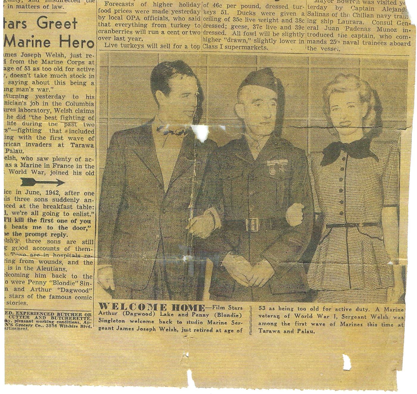 James Welsh, Senior returns from active duty, WWII and is welcomed home by Dagwood and Blondie.