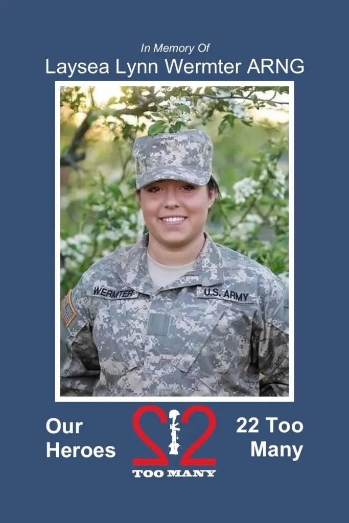 <i class="material-icons" data-template="memories-icon">chat_bubble</i><br/>Laysea Lynn Wermter<br/><div class='remember-wall-long-description'>In Memory of Laysea Lynn Wermter
ARNG

#22TooMany#OurHeroesare#NeverForgotten</div><a class='btn btn-primary btn-sm mt-2 remember-wall-toggle-long-description' onclick='initRememberWallToggleLongDescriptionBtn(this)'>Learn more</a>