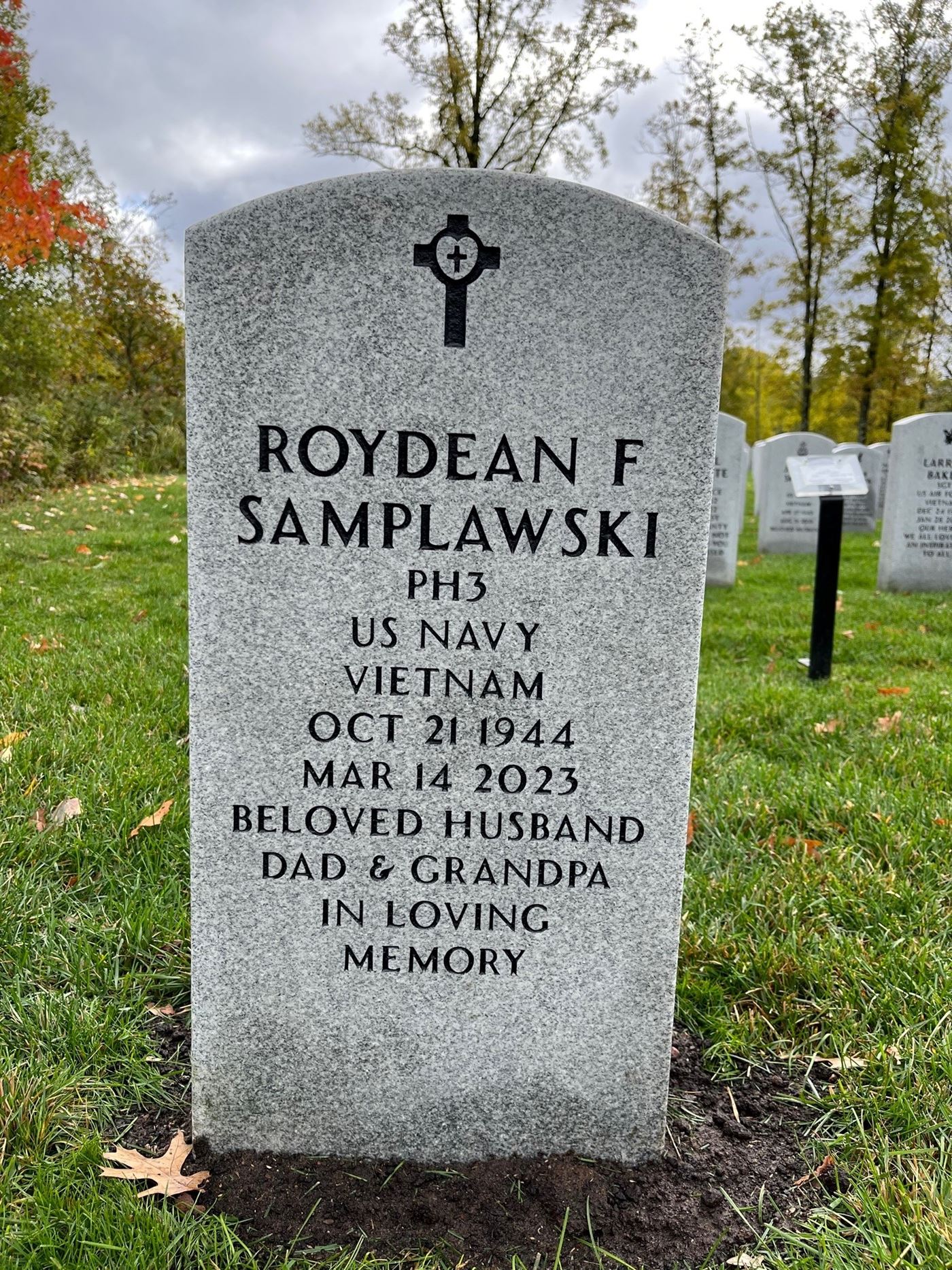 <i class="material-icons" data-template="memories-icon">account_balance</i><br/>Roydean F Samplawski, Navy<br/><div class='remember-wall-long-description'>In loving memory of our beloved husband, father, grandfather and great-grandfather.
Gone but Never Forgotten. Love, Lenore, Lori & Family, Bobbie & Family, Deanna & Family, Rhonda & Family</div><a class='btn btn-primary btn-sm mt-2 remember-wall-toggle-long-description' onclick='initRememberWallToggleLongDescriptionBtn(this)'>Learn more</a>