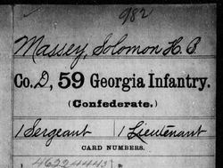 <i class="material-icons" data-template="memories-icon">chat_bubble</i><br/>Solomon Harris Brantley Massey<br/><div class='remember-wall-long-description'>Solomon Harris Brantley Massey 1st Sergeant/1st Lieutenant Co. D, 59th GA Infantry Confederate States of America October 10th, 1834 - September 29th, 1917He enlisted as 1st Sergeant, May 8th, 1862, in Tennille, Georgia. He was elected 2nd Lieutenant in 1863. Wounded at Knoxville, Tennessee on November 29th , 1863. Surrendered at Appomattox, Va. April 9th, 1865.</div><a class='btn btn-primary btn-sm mt-2 remember-wall-toggle-long-description' onclick='initRememberWallToggleLongDescriptionBtn(this)'>Learn more</a>