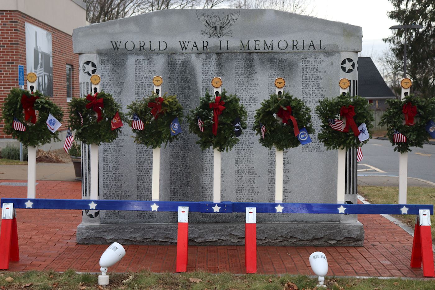 Wreath display in front of WWII Memorial.