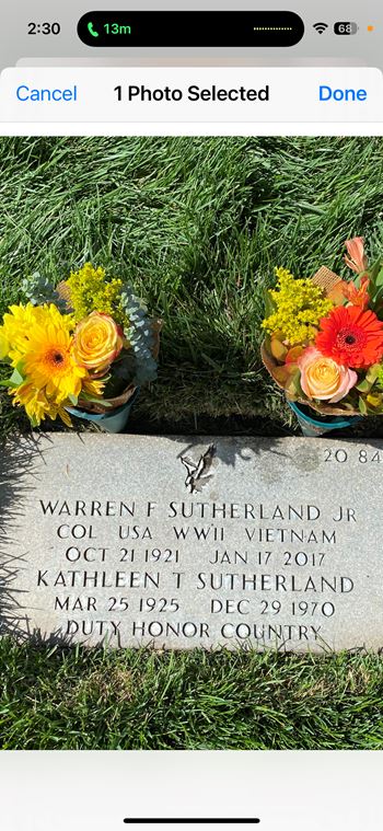 <i class="material-icons" data-template="memories-icon">account_balance</i><br/>Warren Sutherland, Army<br/><div class='remember-wall-long-description'>COL and Mrs. Warren F Sutherland
Our Dad and Mom, so very loved and missed</div><a class='btn btn-primary btn-sm mt-2 remember-wall-toggle-long-description' onclick='initRememberWallToggleLongDescriptionBtn(this)'>Learn more</a>