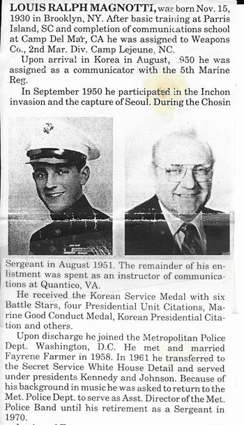 <i class="material-icons" data-template="memories-icon">chat_bubble</i><br/>Louis Magnotti<br/><div class='remember-wall-long-description'>A very special Marine -- one of the Chosin Few</div><a class='btn btn-primary btn-sm mt-2 remember-wall-toggle-long-description' onclick='initRememberWallToggleLongDescriptionBtn(this)'>Learn more</a>