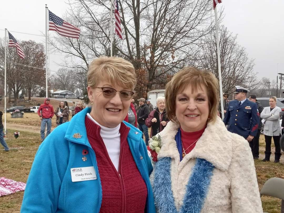 Cindy Pirch and Lois Frazier, Ozark Spring Chapter DAR Co-Chaired the Wreaths Across American project for 2023.&nbsp; They would like to thank everyone that made this project a huge success.&nbsp; Please help us again on Saturday, December 14, 2024 for the 2nd Annual Wreaths Across American at the Veterans Memorial Cemetery, Mtn. View, Missouri. <br>