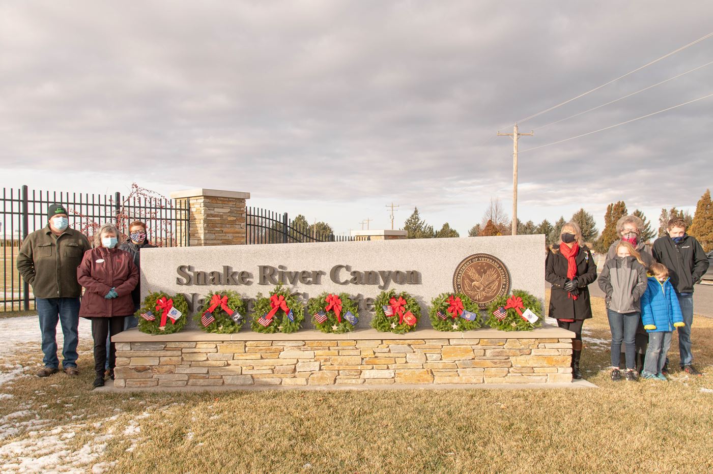 December 19, 2020 fresh balsam ceremonial wreaths with US, military branch, and POW/MIA flags were placed by volunteers prior to remembering all individual veterans with a sponsored wreath.