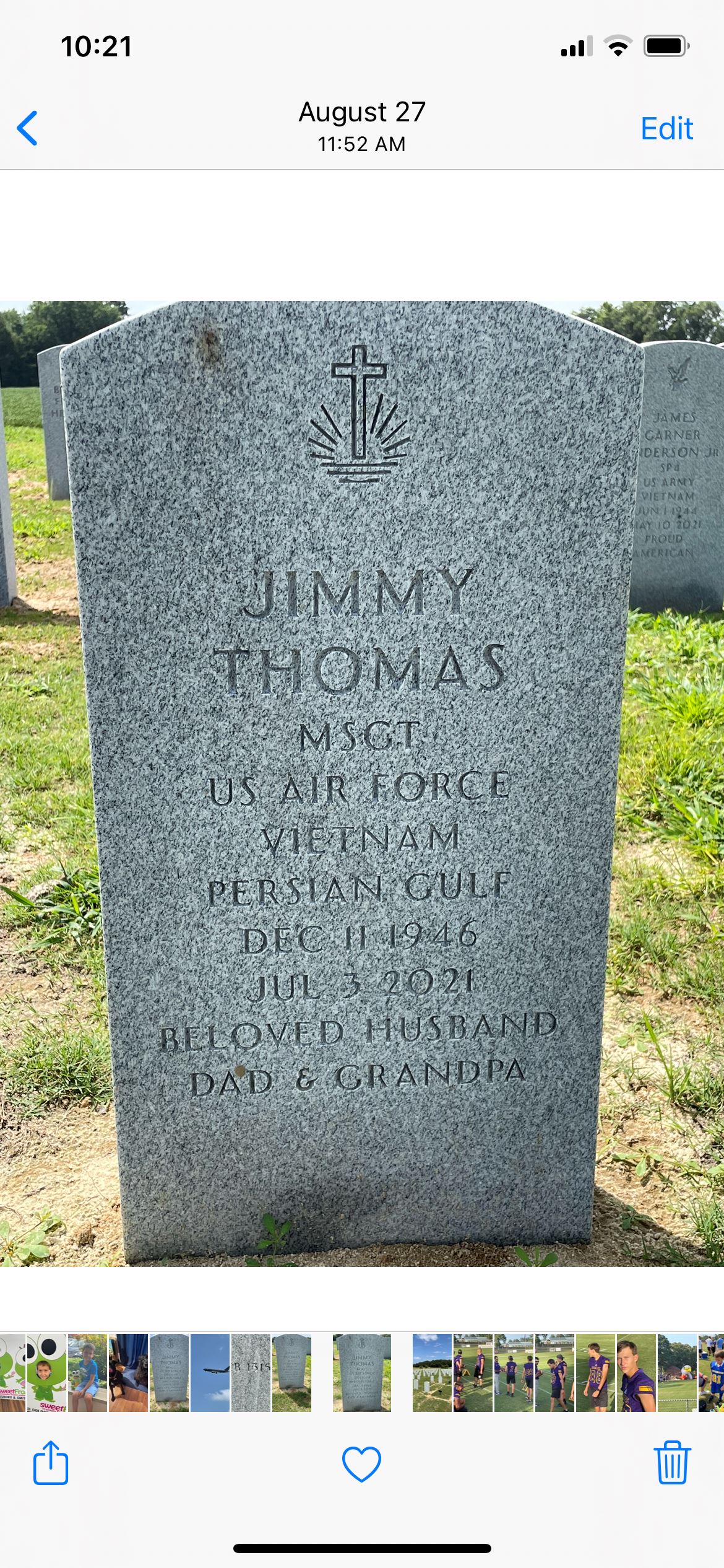 <i class="material-icons" data-template="memories-icon">account_balance</i><br/>Jimmy Thomas , Air Force<br/><div class='remember-wall-long-description'>
  In memory of the greatest hero I ever knew, my Dad, Jimmy Thomas! Thank you for your service and providing us with such a great life! I hope you enjoy your first Christmas in Heaven! Love and miss you!</div><a class='btn btn-primary btn-sm mt-2 remember-wall-toggle-long-description' onclick='initRememberWallToggleLongDescriptionBtn(this)'>Learn more</a>