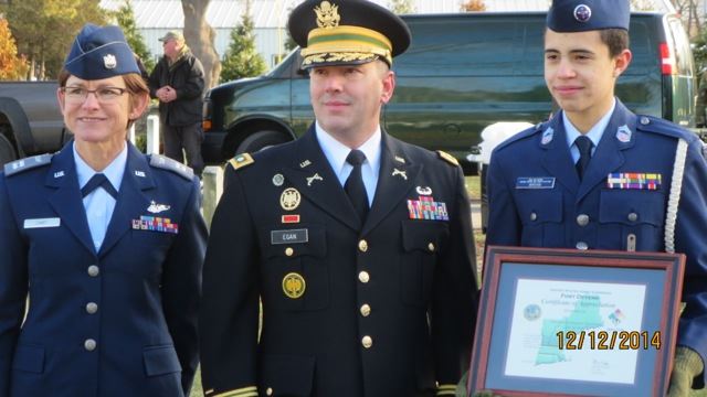 2014:  Capt Zamot and C/Lt Wrenn receiving a Certificate of Appreciation from the Fort Devens commander.