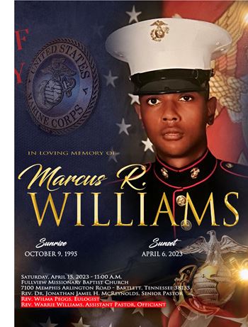 <i class="material-icons" data-template="memories-icon">message</i><br/>Marcus Williams, Marine Corps<br/><div class='remember-wall-long-description'>
  In Memory of my son LCPL Marcus R. Williams. I miss you and love you so much.</div><a class='btn btn-primary btn-sm mt-2 remember-wall-toggle-long-description' onclick='initRememberWallToggleLongDescriptionBtn(this)'>Learn more</a>